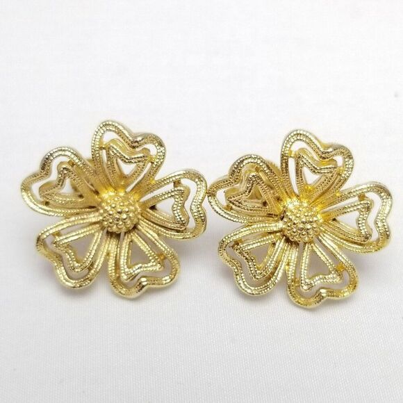 Vintage Lisner Gold Tone Flower Clip On Screw Back Earrings, Signed Estate - Picture 1 of 7